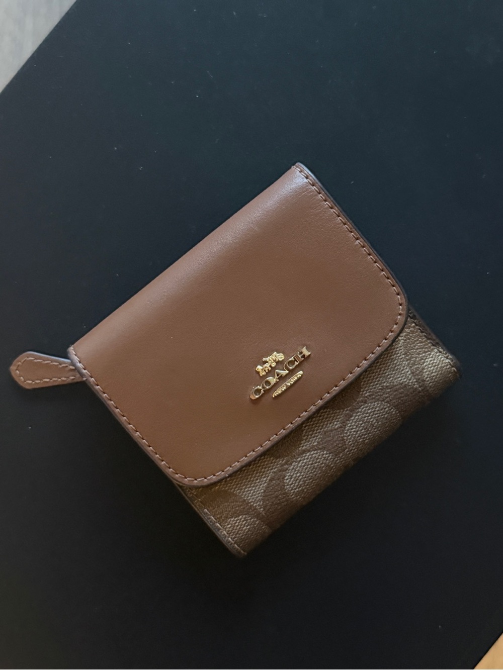 Coach Brown Leather & Signature Canvas Compact Wallet